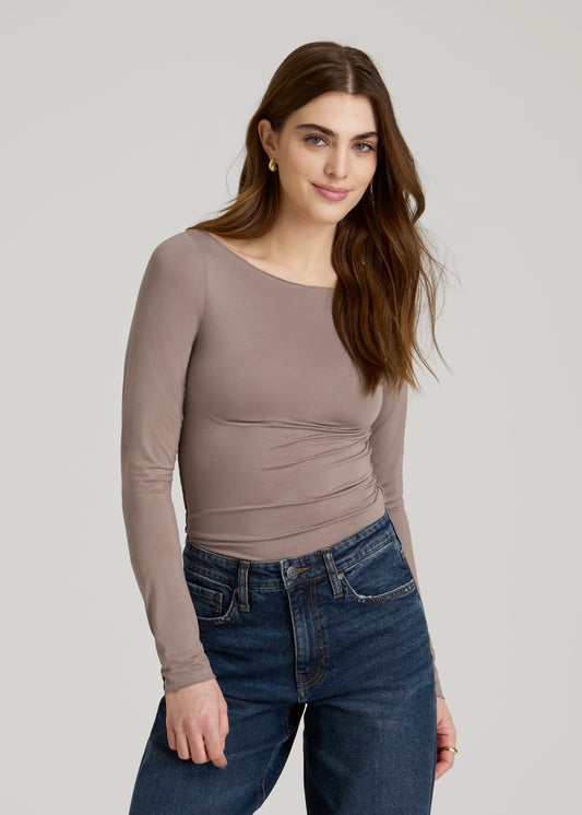 American Tall Women|Men Boatneck Long Sleeve Exposed Seam Top for Tall Women in Dark Sand
