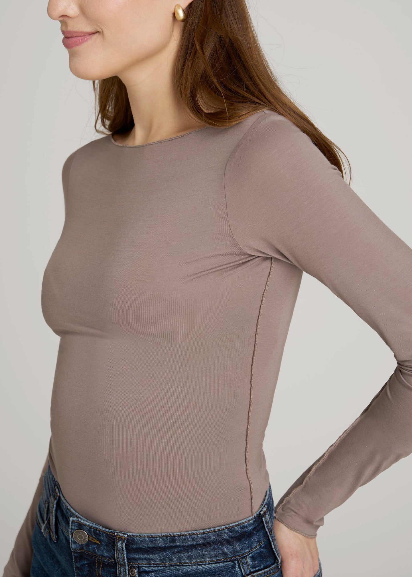 American Tall Women|Men Boatneck Long Sleeve Exposed Seam Top for Tall Women in Dark Sand