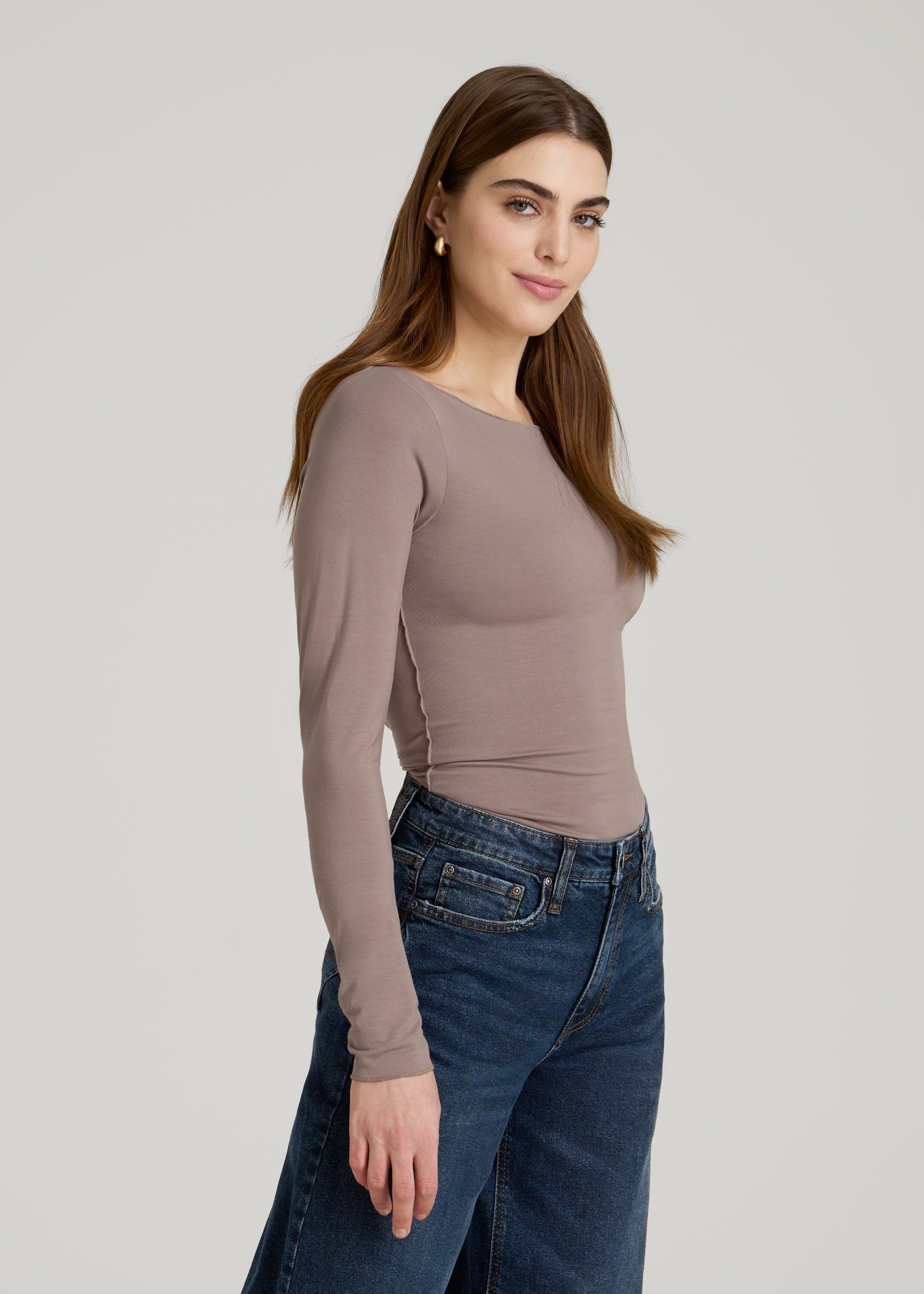American Tall Women|Men Boatneck Long Sleeve Exposed Seam Top for Tall Women in Dark Sand