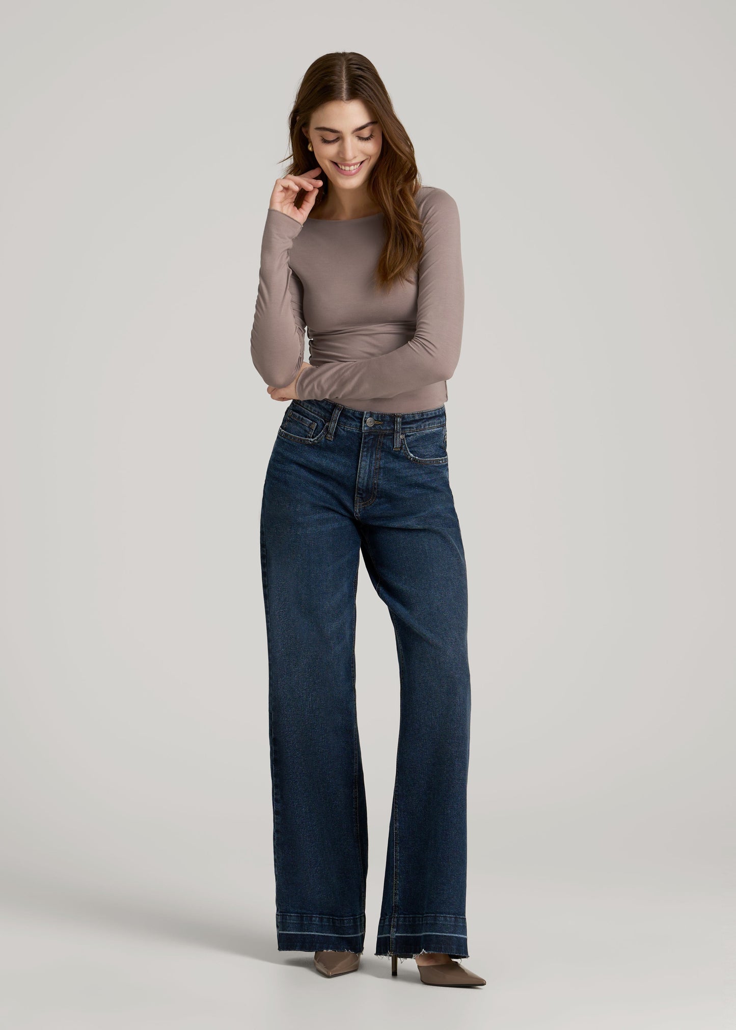 American Tall Women|Men Boatneck Long Sleeve Exposed Seam Top for Tall Women in Dark Sand