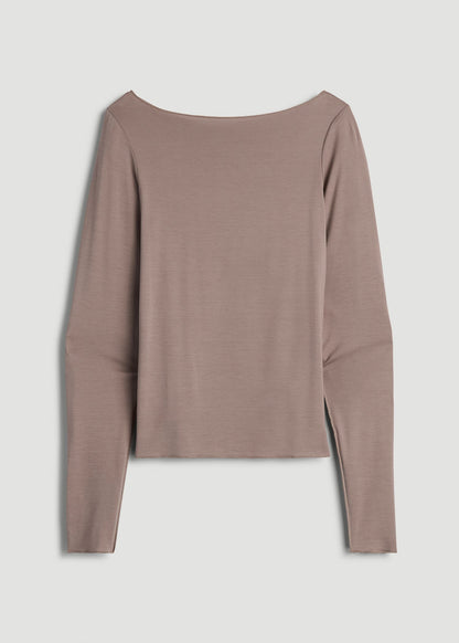 American Tall Women|Men Boatneck Long Sleeve Exposed Seam Top for Tall Women in Dark Sand