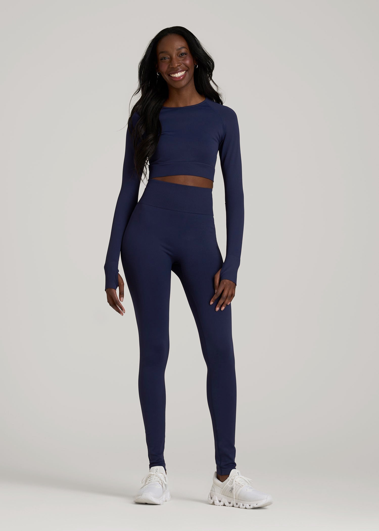 American Tall Women|Men Compression Long Sleeve Cropped Training Top for Tall Women in Regal Blue