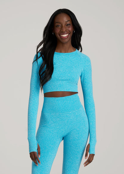 American Tall Women|Men Compression Long Sleeve Cropped Training Top for Tall Women in Scuba Blue Mix