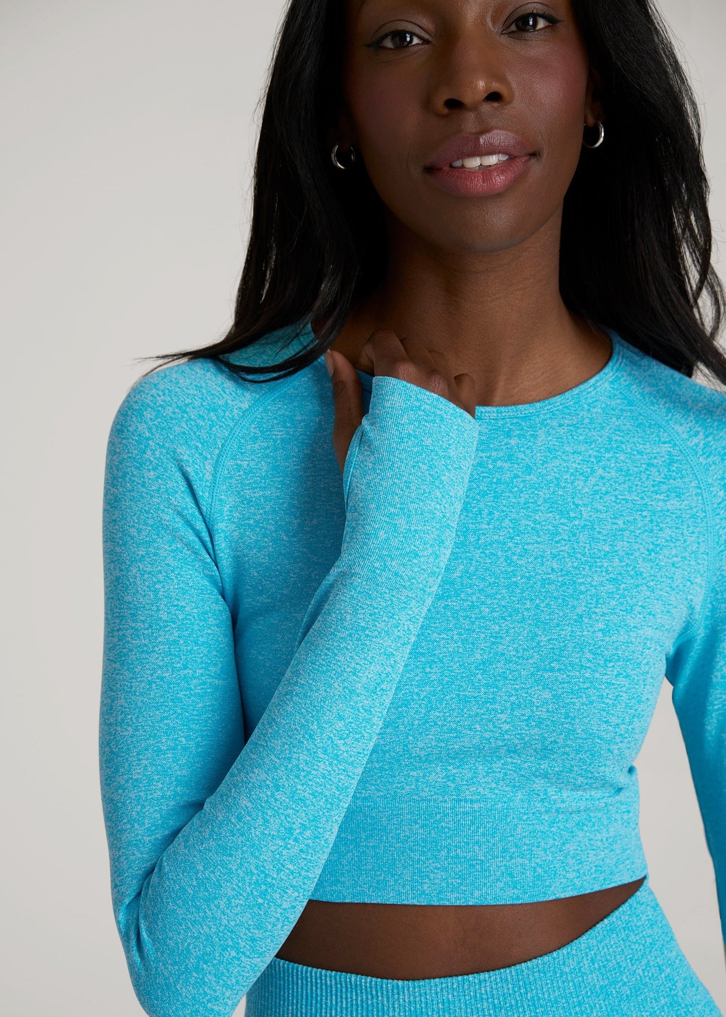 American Tall Women|Men Compression Long Sleeve Cropped Training Top for Tall Women in Scuba Blue Mix