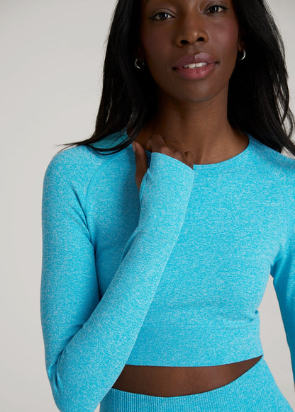 American Tall Women|Men Compression Long Sleeve Cropped Training Top for Tall Women in Scuba Blue Mix