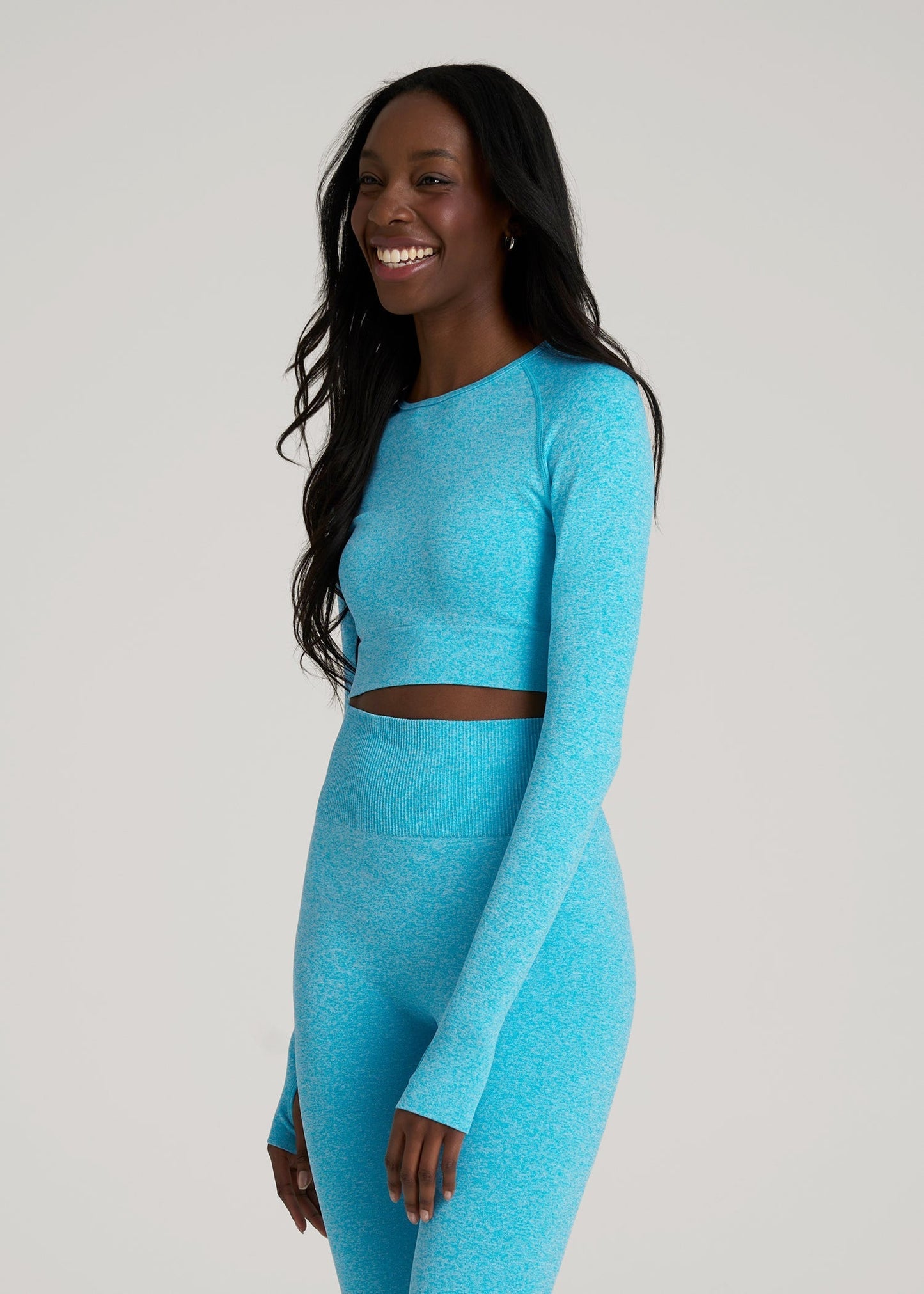 American Tall Women|Men Compression Long Sleeve Cropped Training Top for Tall Women in Scuba Blue Mix