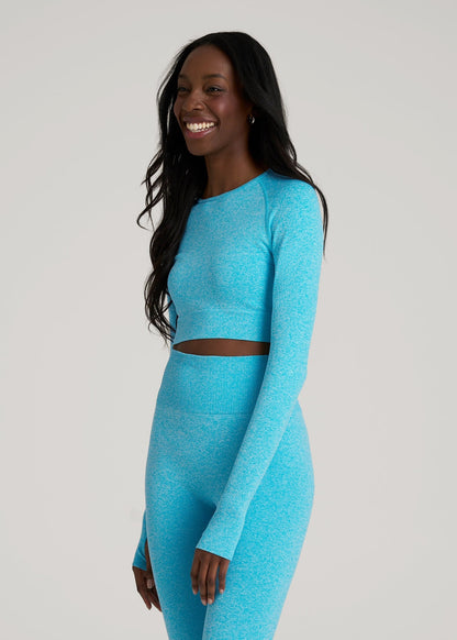 American Tall Women|Men Compression Long Sleeve Cropped Training Top for Tall Women in Scuba Blue Mix