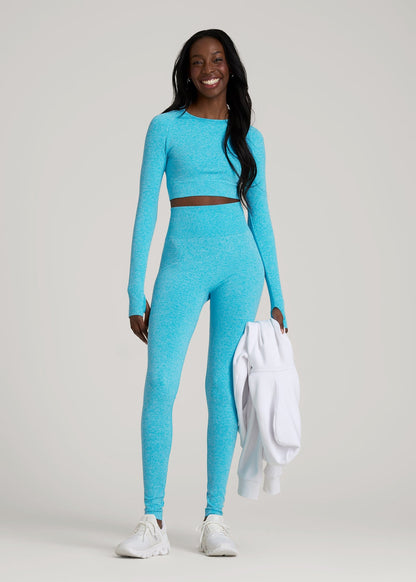 American Tall Women|Men Compression Long Sleeve Cropped Training Top for Tall Women in Scuba Blue Mix