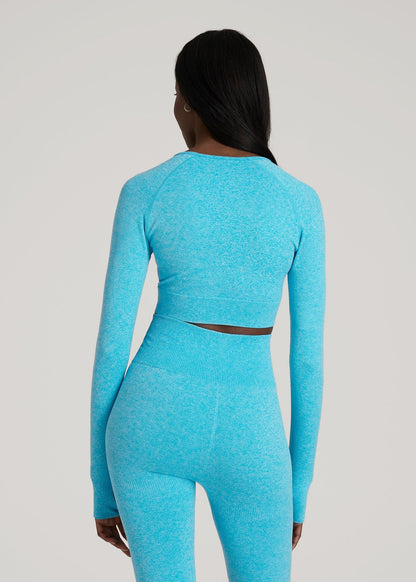 American Tall Women|Men Compression Long Sleeve Cropped Training Top for Tall Women in Scuba Blue Mix