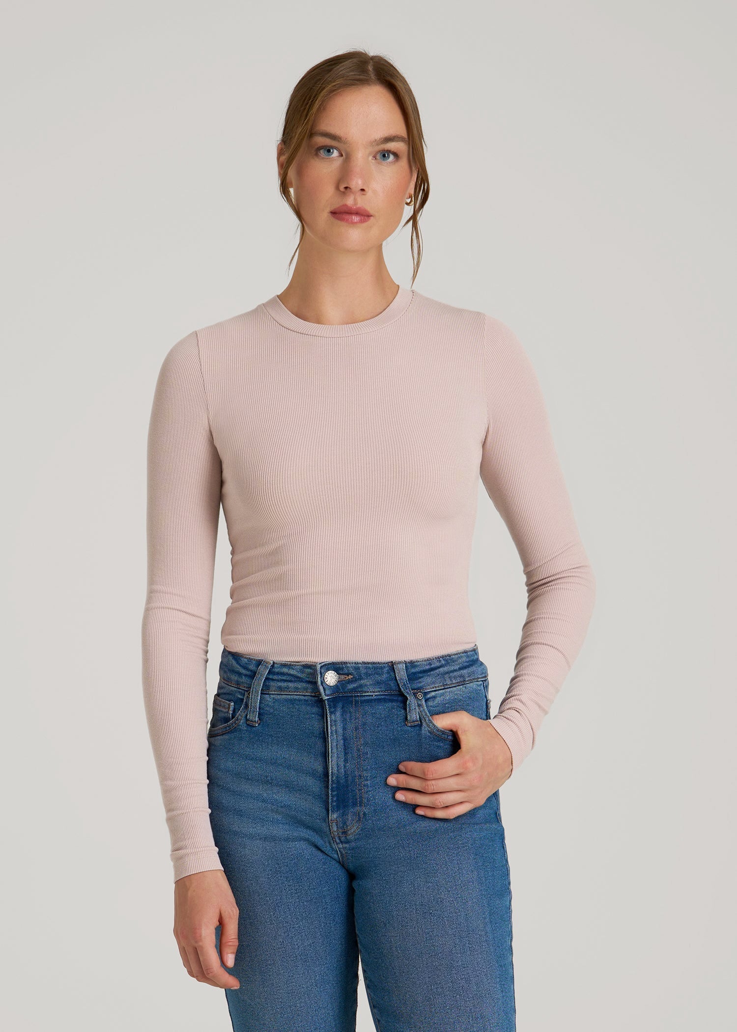 American Tall Women FITTED Ribbed Long Sleeve Tee for Tall Women in Desert Rose