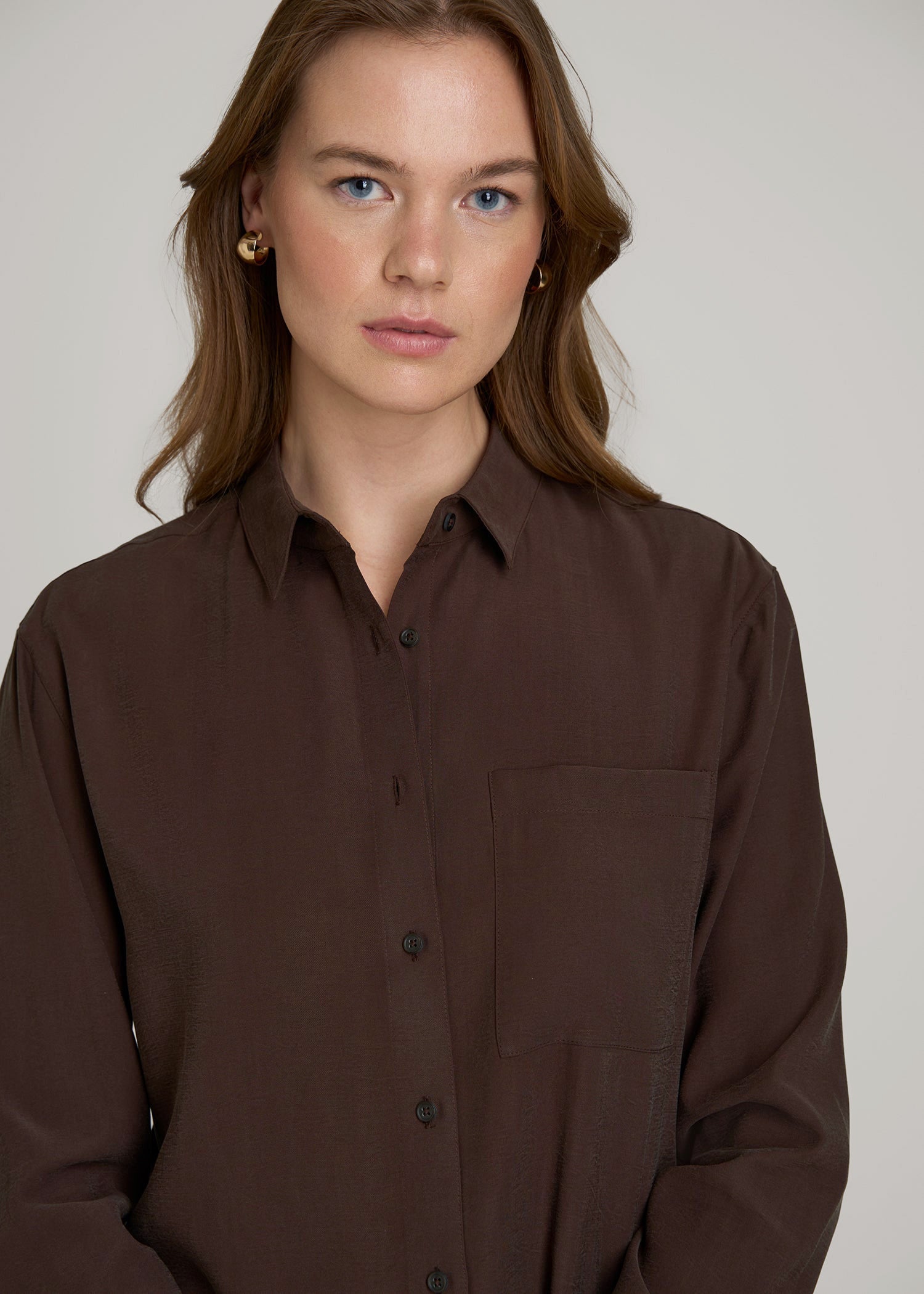 American Tall Women|Men Relaxed Button-Up Single-Pocket Blouse for Tall Women in Espresso