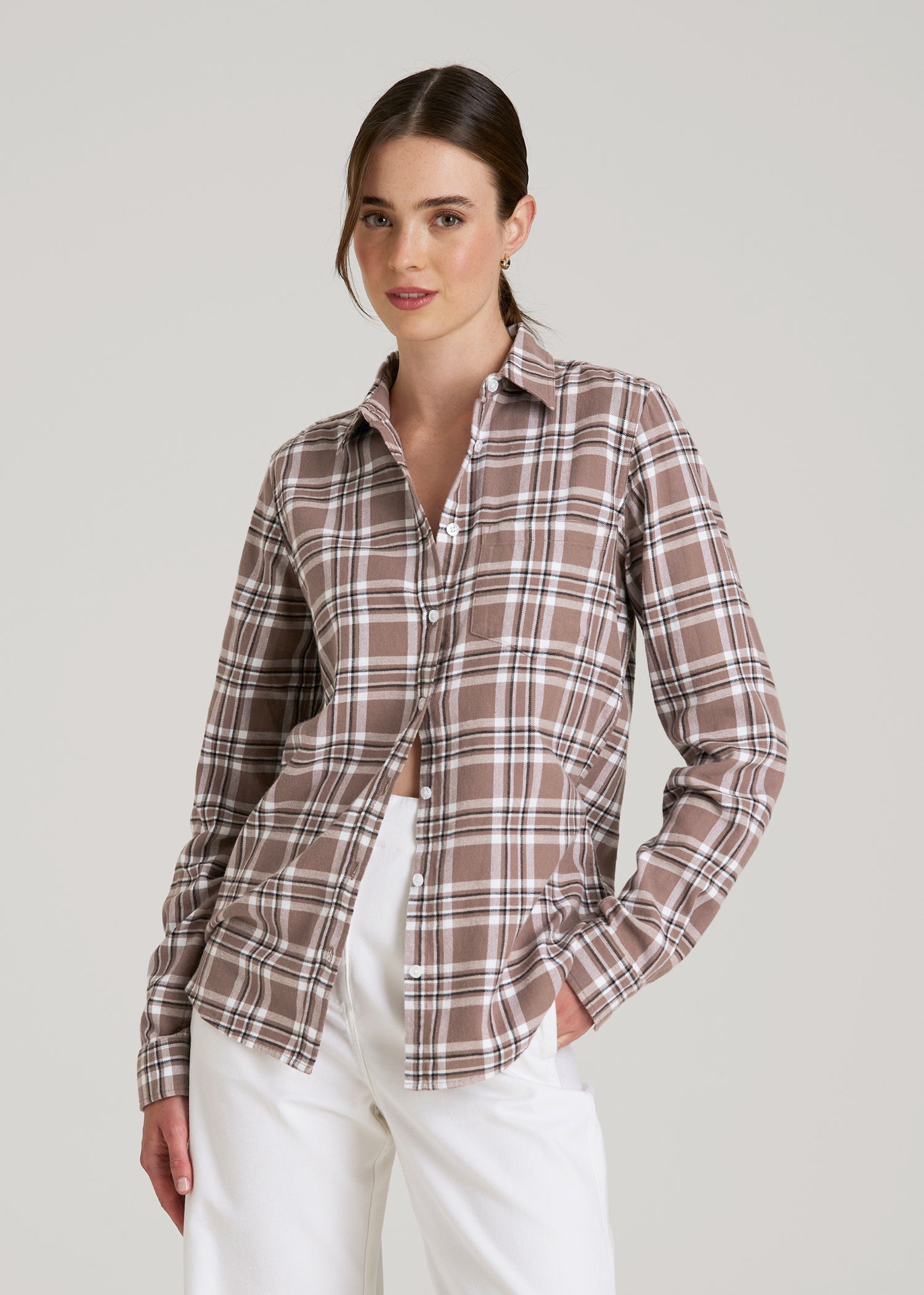 American Tall Women|Men Flannel Button-Up Shirt for Tall Women in Woodsmoke with Black