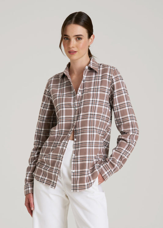American Tall Women|Men Flannel Button-Up Shirt for Tall Women in Woodsmoke with Black