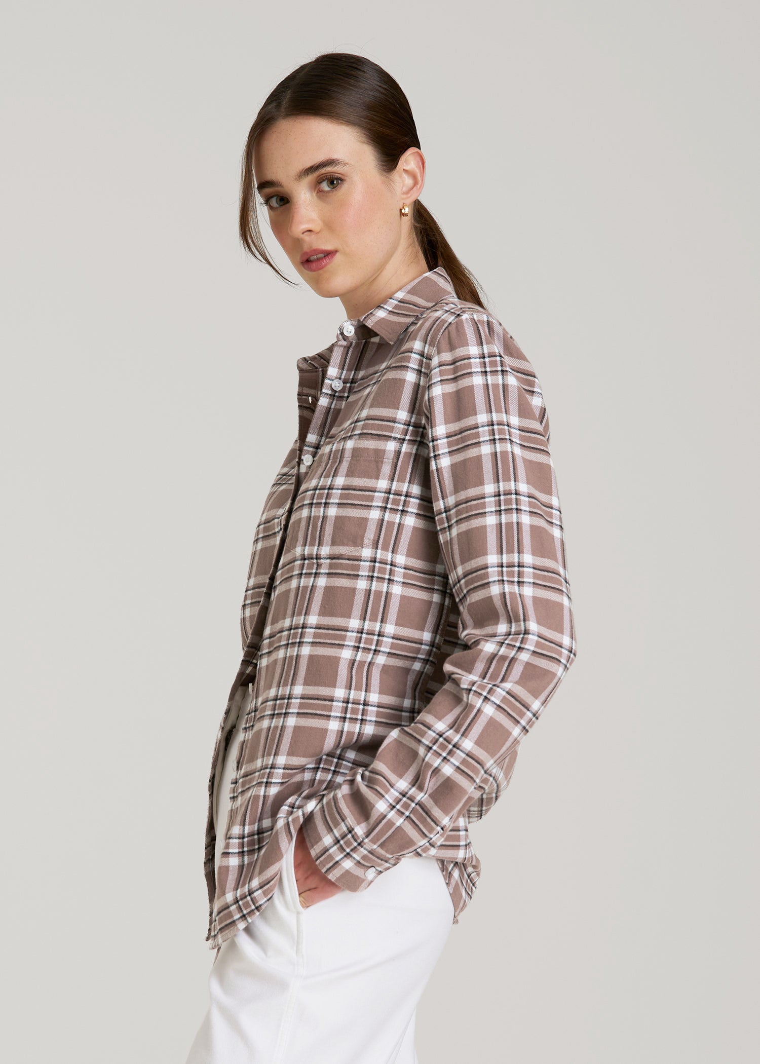 American Tall Women|Men Flannel Button-Up Shirt for Tall Women in Woodsmoke with Black