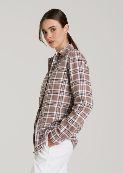 American Tall Women|Men Flannel Button-Up Shirt for Tall Women in Woodsmoke with Black