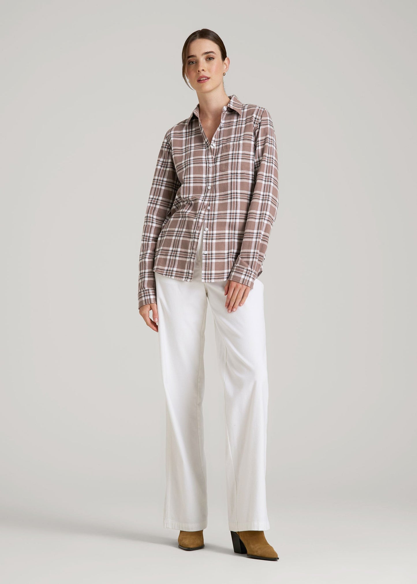 American Tall Women|Men Flannel Button-Up Shirt for Tall Women in Woodsmoke with Black