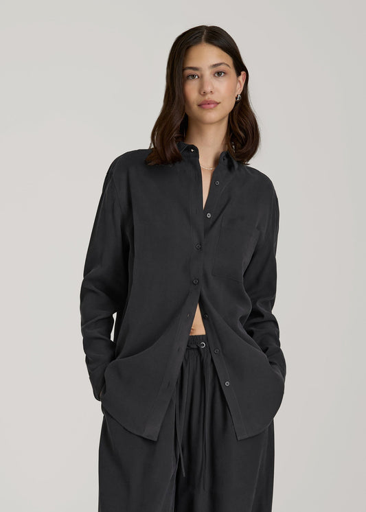 American Tall Women Relaxed Button-Up Single-Pocket Blouse for Tall Women in Vintage Black