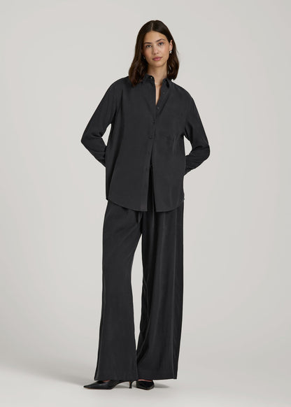 American Tall Women Relaxed Button-Up Single-Pocket Blouse for Tall Women in Vintage Black