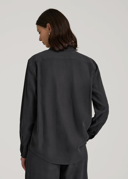 American Tall Women Relaxed Button-Up Single-Pocket Blouse for Tall Women in Vintage Black