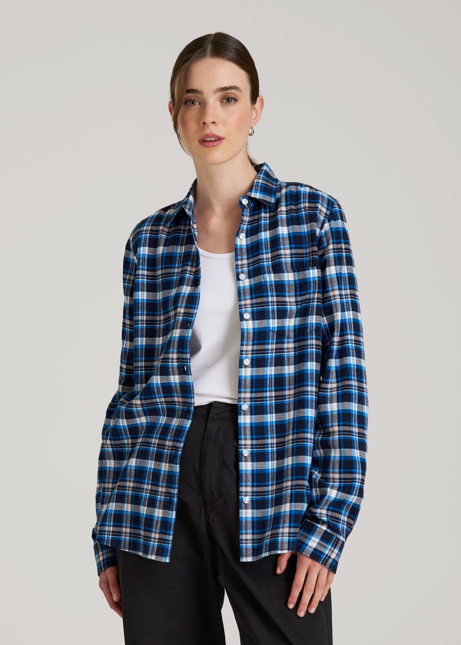 American Tall Women|Men Flannel Button-Up Shirt for Tall Women in True Navy with Cobalt