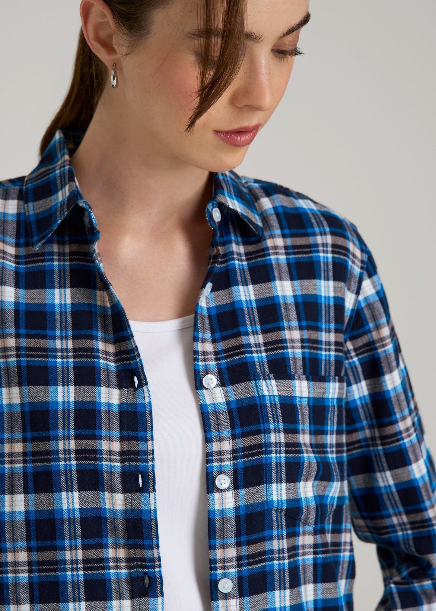 American Tall Women|Men Flannel Button-Up Shirt for Tall Women in True Navy with Cobalt