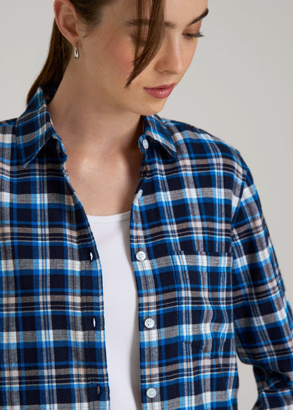 American Tall Women|Men Flannel Button-Up Shirt for Tall Women in True Navy with Cobalt