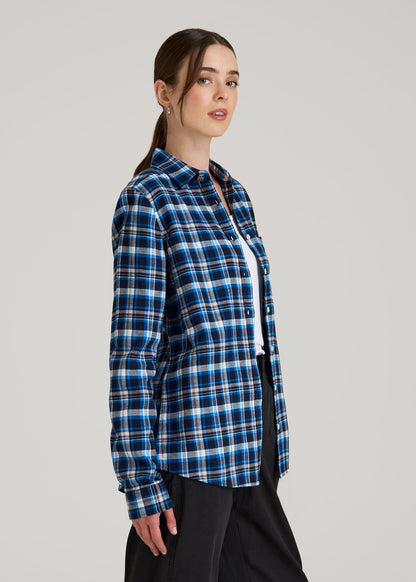 American Tall Women|Men Flannel Button-Up Shirt for Tall Women in True Navy with Cobalt