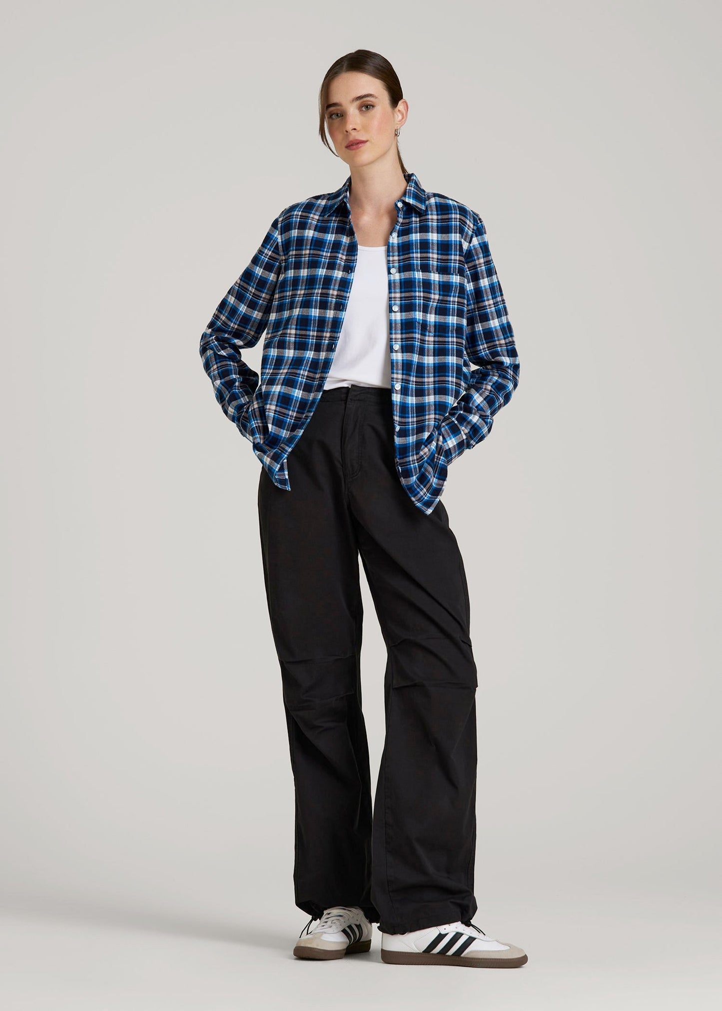 American Tall Women|Men Flannel Button-Up Shirt for Tall Women in True Navy with Cobalt