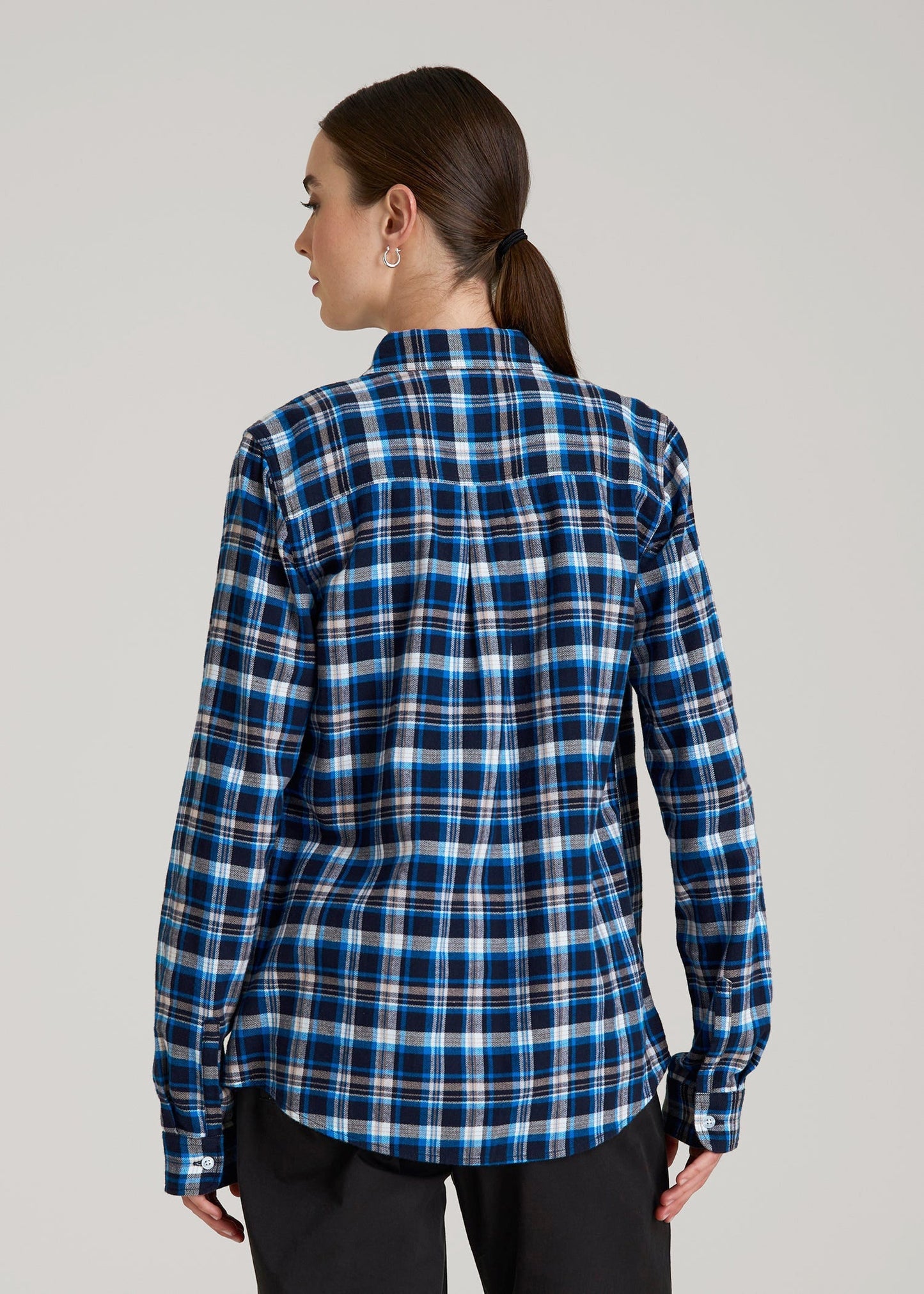 American Tall Women|Men Flannel Button-Up Shirt for Tall Women in True Navy with Cobalt