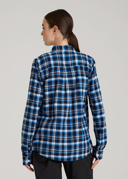 American Tall Women|Men Flannel Button-Up Shirt for Tall Women in True Navy with Cobalt