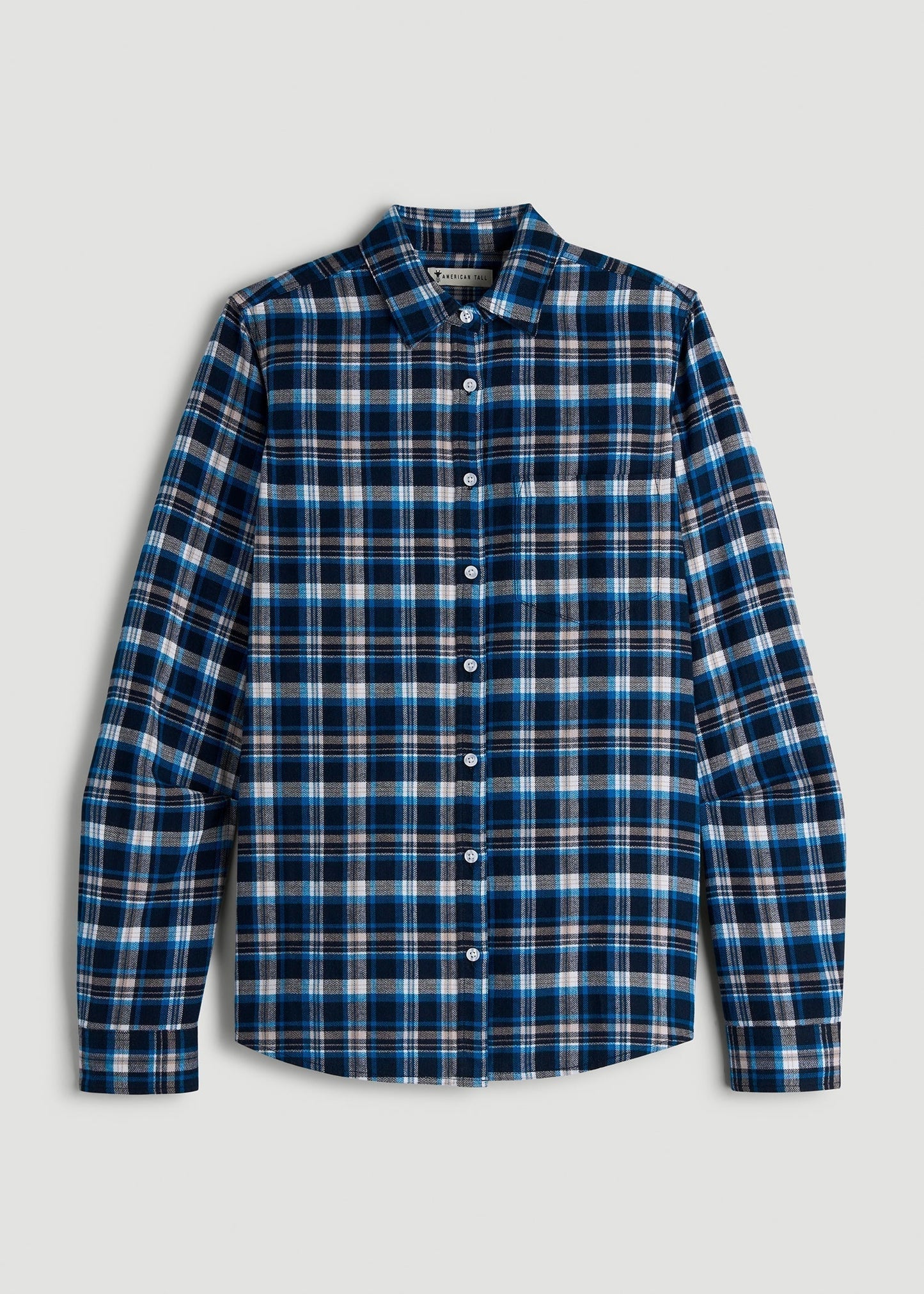 American Tall Women|Men Flannel Button-Up Shirt for Tall Women in True Navy with Cobalt