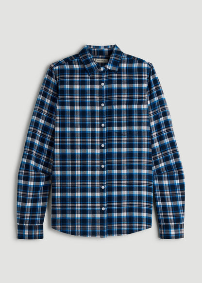 American Tall Women|Men Flannel Button-Up Shirt for Tall Women in True Navy with Cobalt