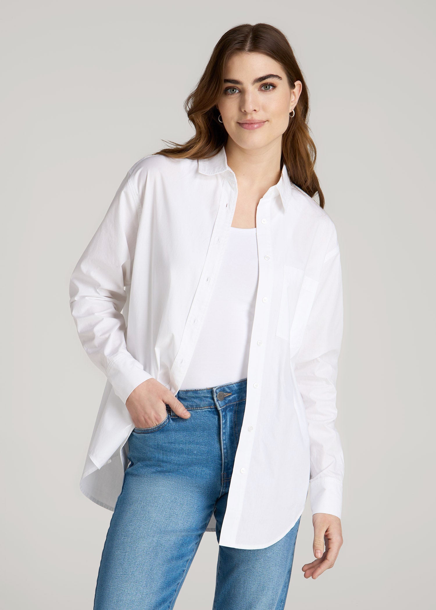 American Tall Women|Men Relaxed Poplin Button Up Shirt for Tall Women in Bright White