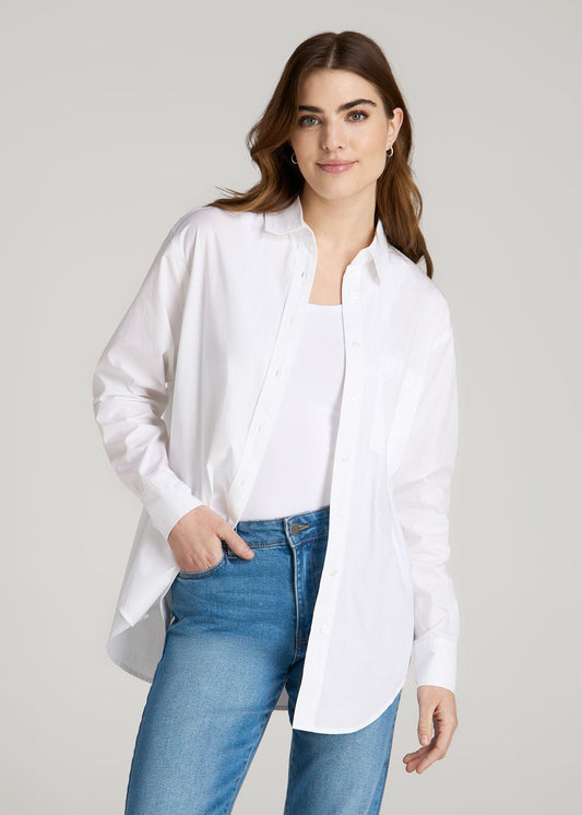 American Tall Women|Men Relaxed Poplin Button Up Shirt for Tall Women in Bright White