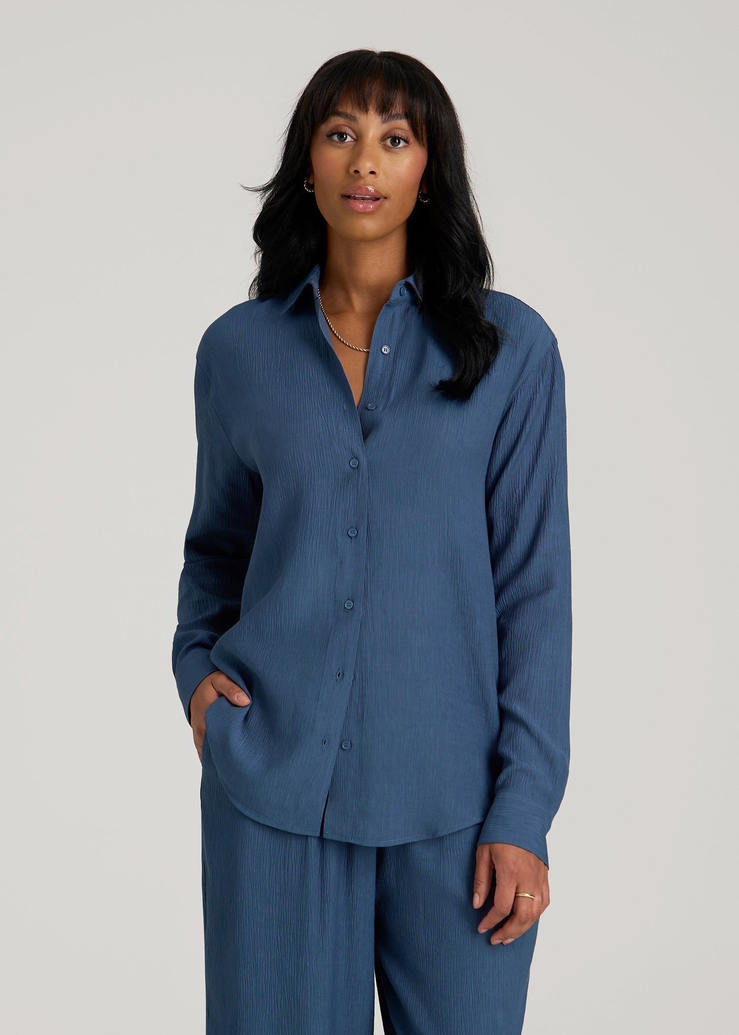 American Tall Women|Men Long Sleeve Crinkle Blouse for Tall Women in Flag Blue