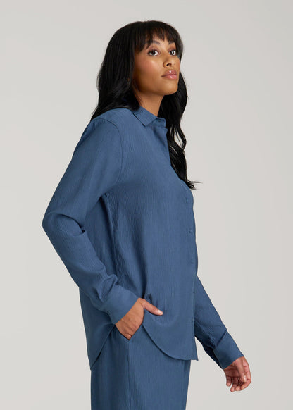 American Tall Women|Men Long Sleeve Crinkle Blouse for Tall Women in Flag Blue