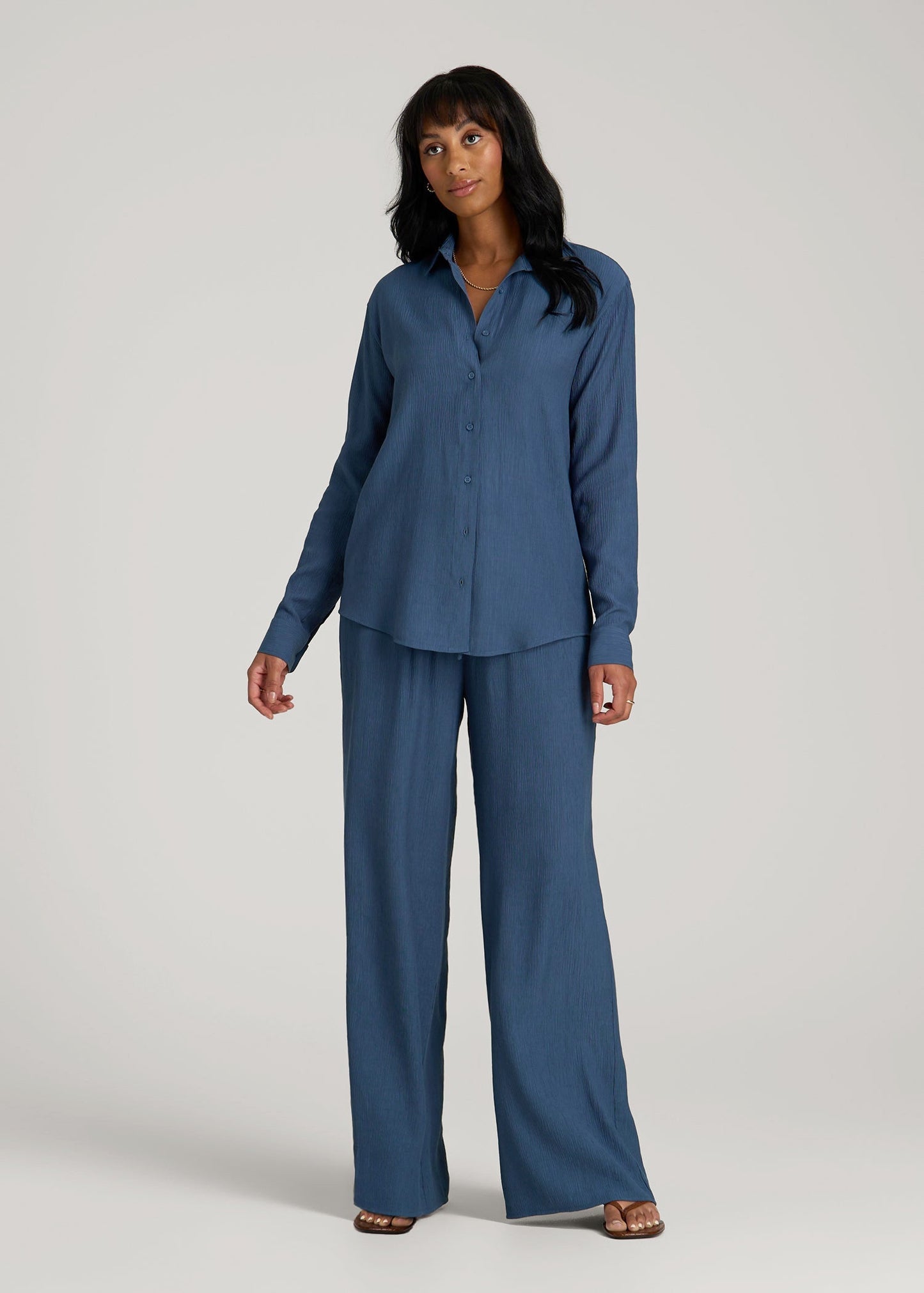 American Tall Women|Men Long Sleeve Crinkle Blouse for Tall Women in Flag Blue