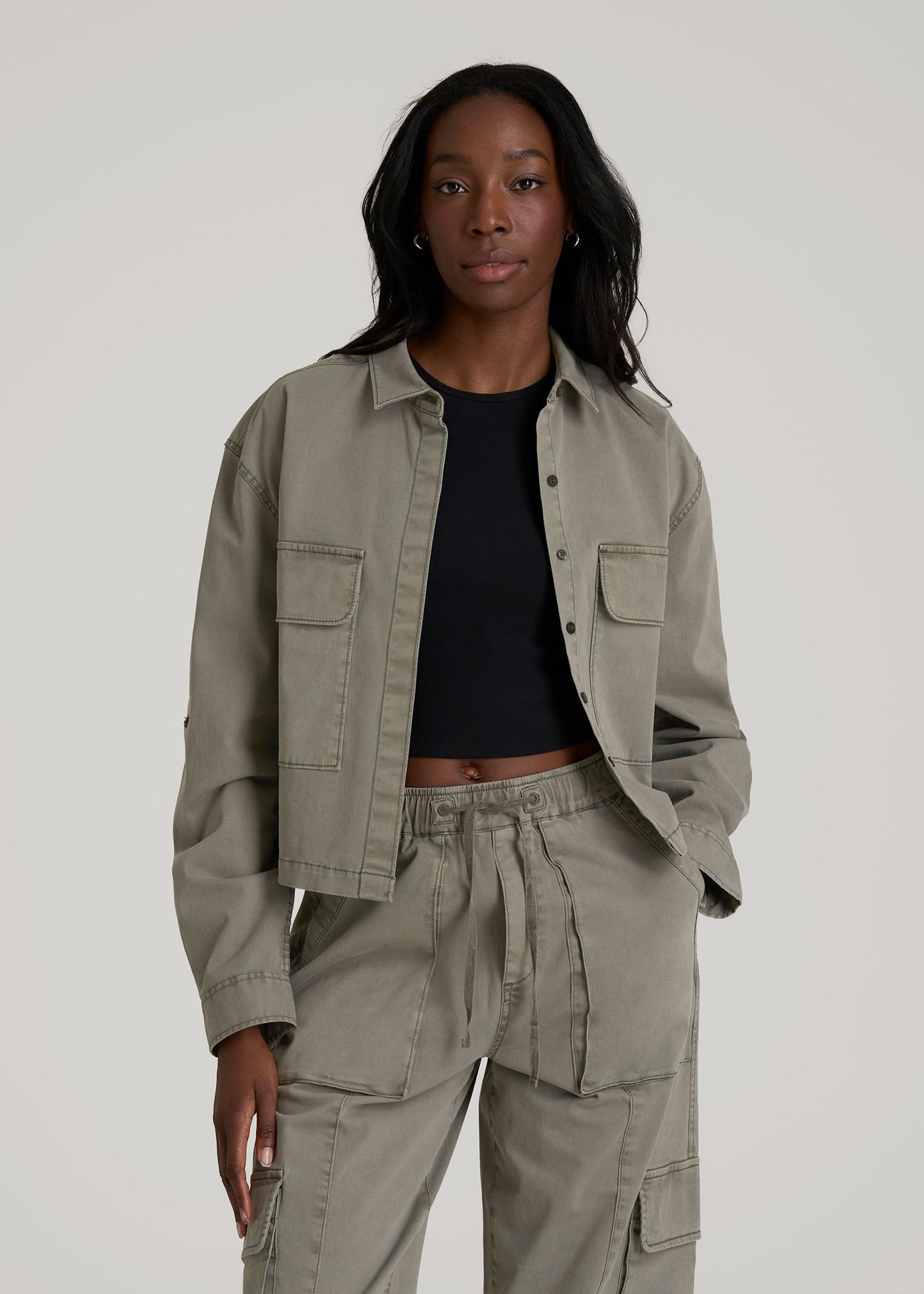 American Tall Women|Men Garment Dyed Utility Shirt for Tall Women in Camper Green