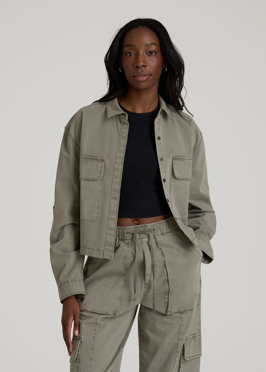 American Tall Women|Men Garment Dyed Utility Shirt for Tall Women in Camper Green