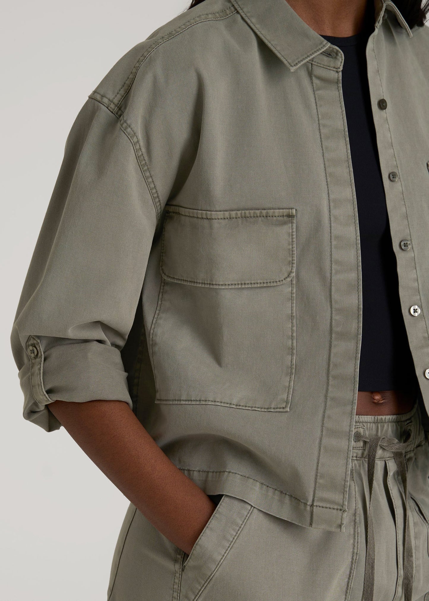 American Tall Women|Men Garment Dyed Utility Shirt for Tall Women in Camper Green