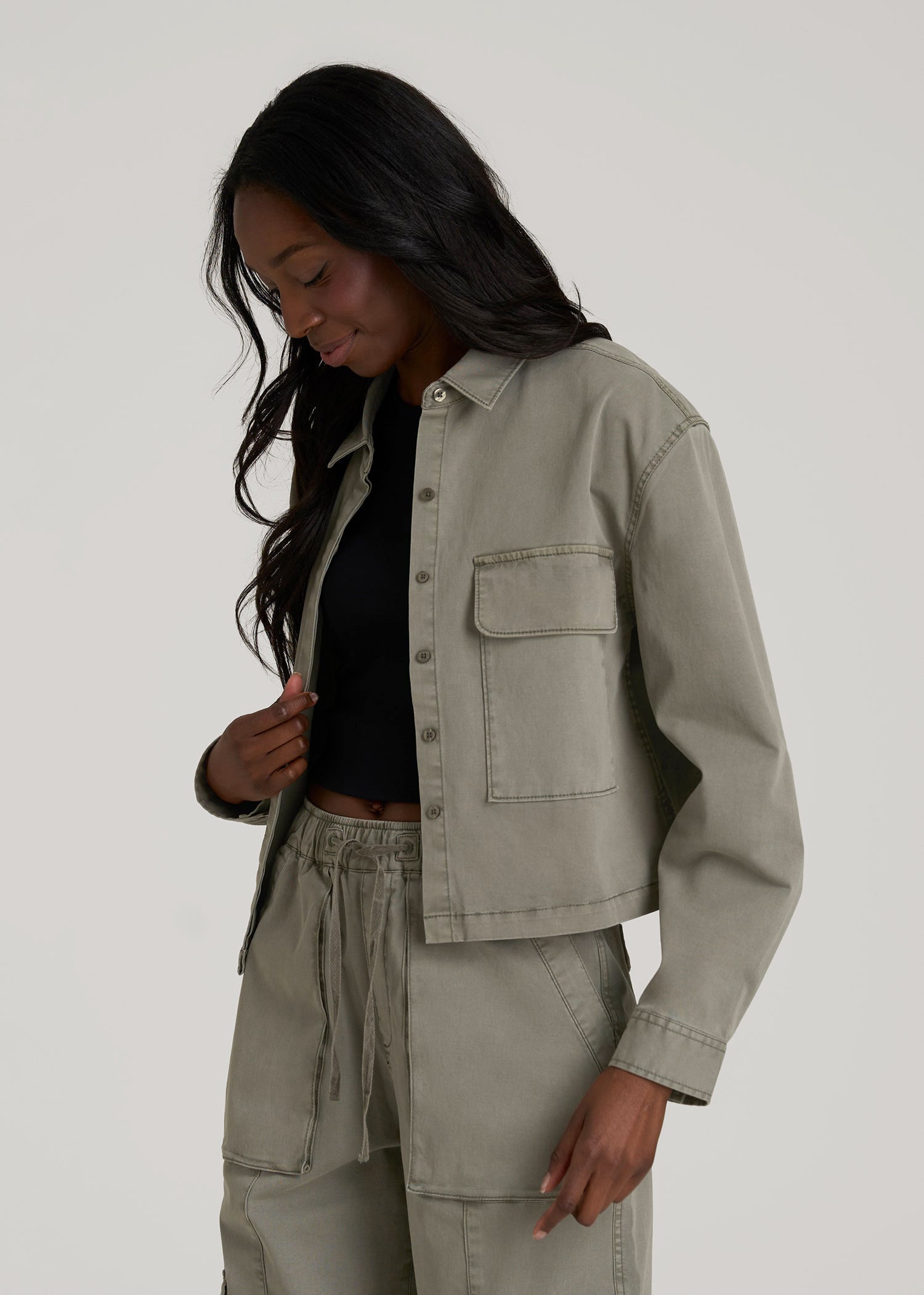 American Tall Women|Men Garment Dyed Utility Shirt for Tall Women in Camper Green