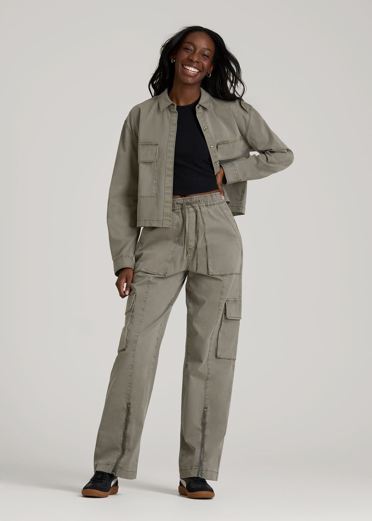 American Tall Women|Men Garment Dyed Utility Shirt for Tall Women in Camper Green