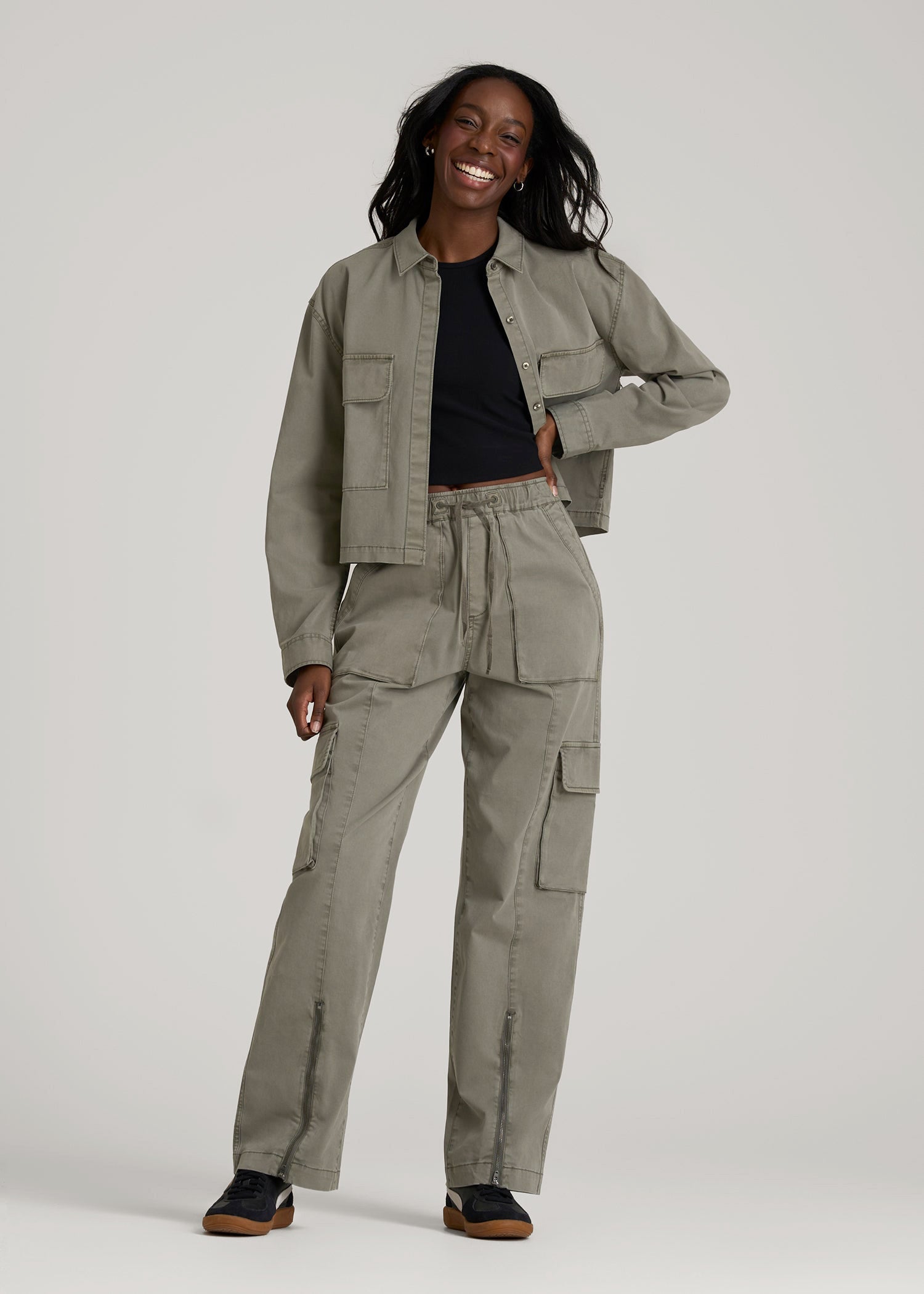 American Tall Women|Men Garment Dyed Utility Shirt for Tall Women in Camper Green