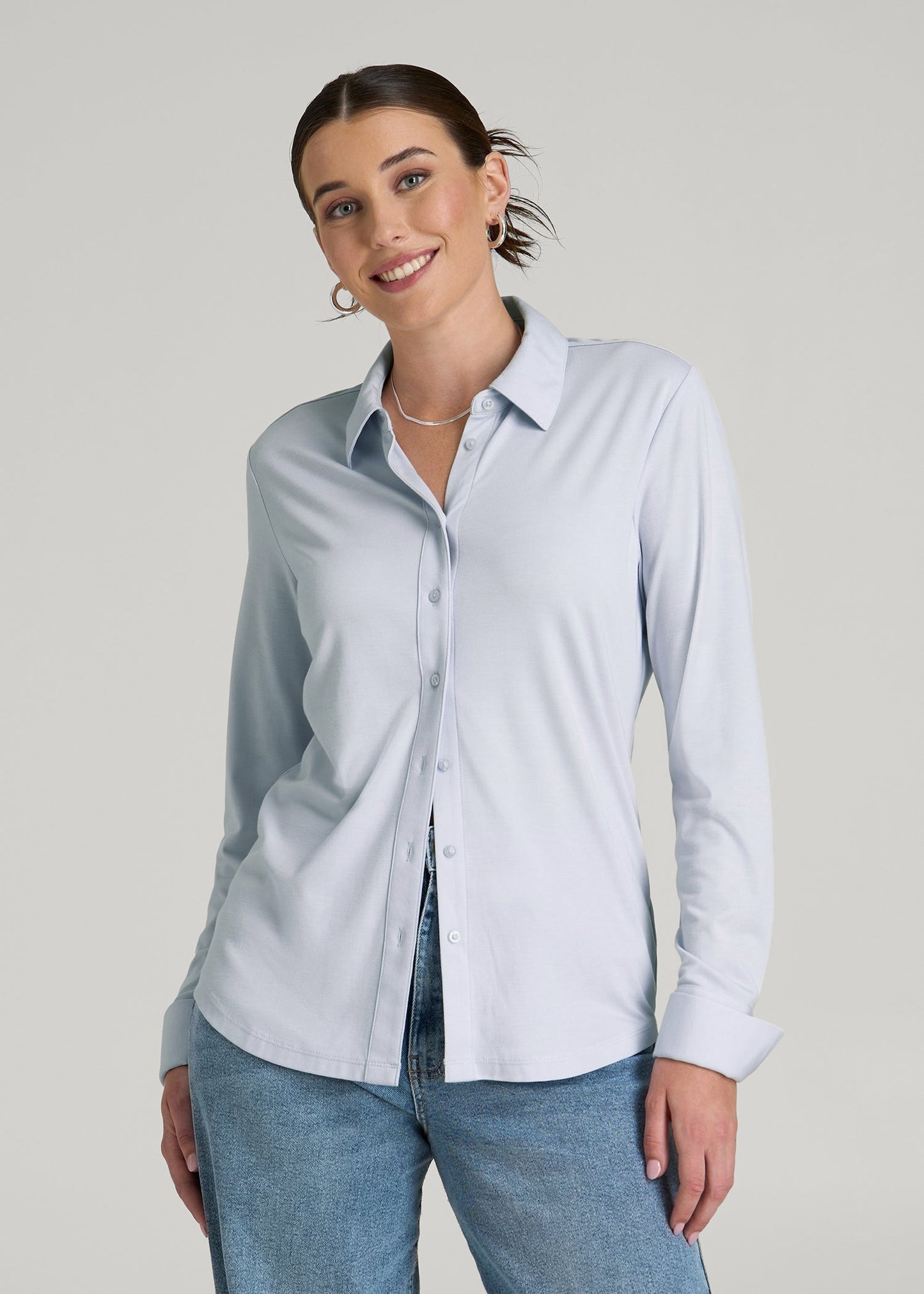 American Tall Women|Men Slub Knit Button-Up Shirt for Tall Women in Light Blue