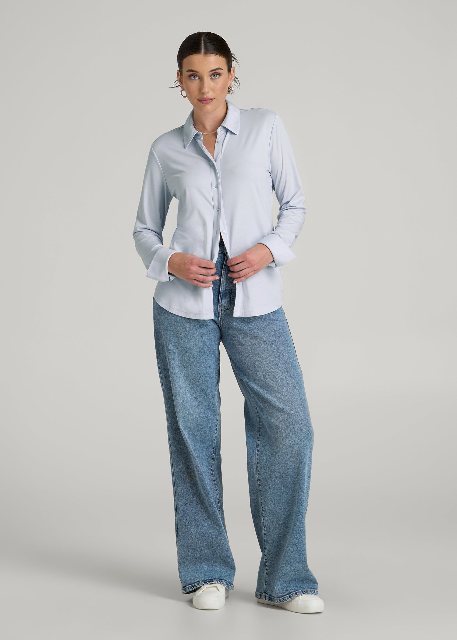 American Tall Women|Men Slub Knit Button-Up Shirt for Tall Women in Light Blue
