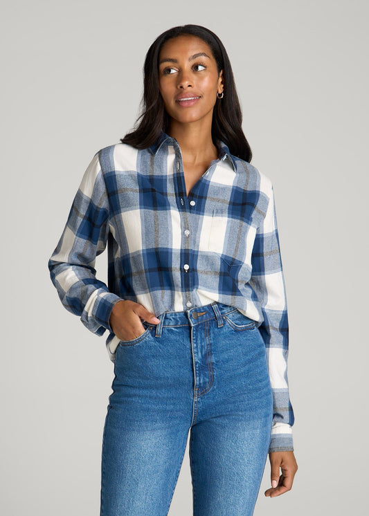 American Tall Women Flannel Button-Up Shirt for Tall Women in Ocean Blue and White
