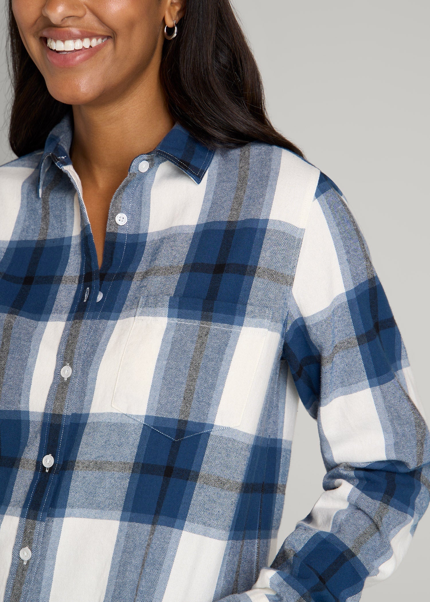 American Tall Women Flannel Button-Up Shirt for Tall Women in Ocean Blue and White