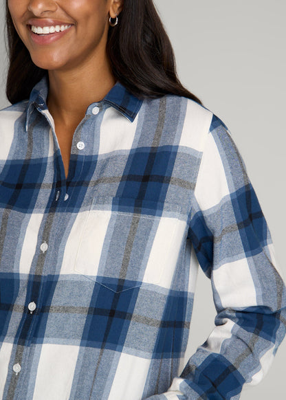 American Tall Women Flannel Button-Up Shirt for Tall Women in Ocean Blue and White