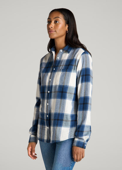American Tall Women Flannel Button-Up Shirt for Tall Women in Ocean Blue and White