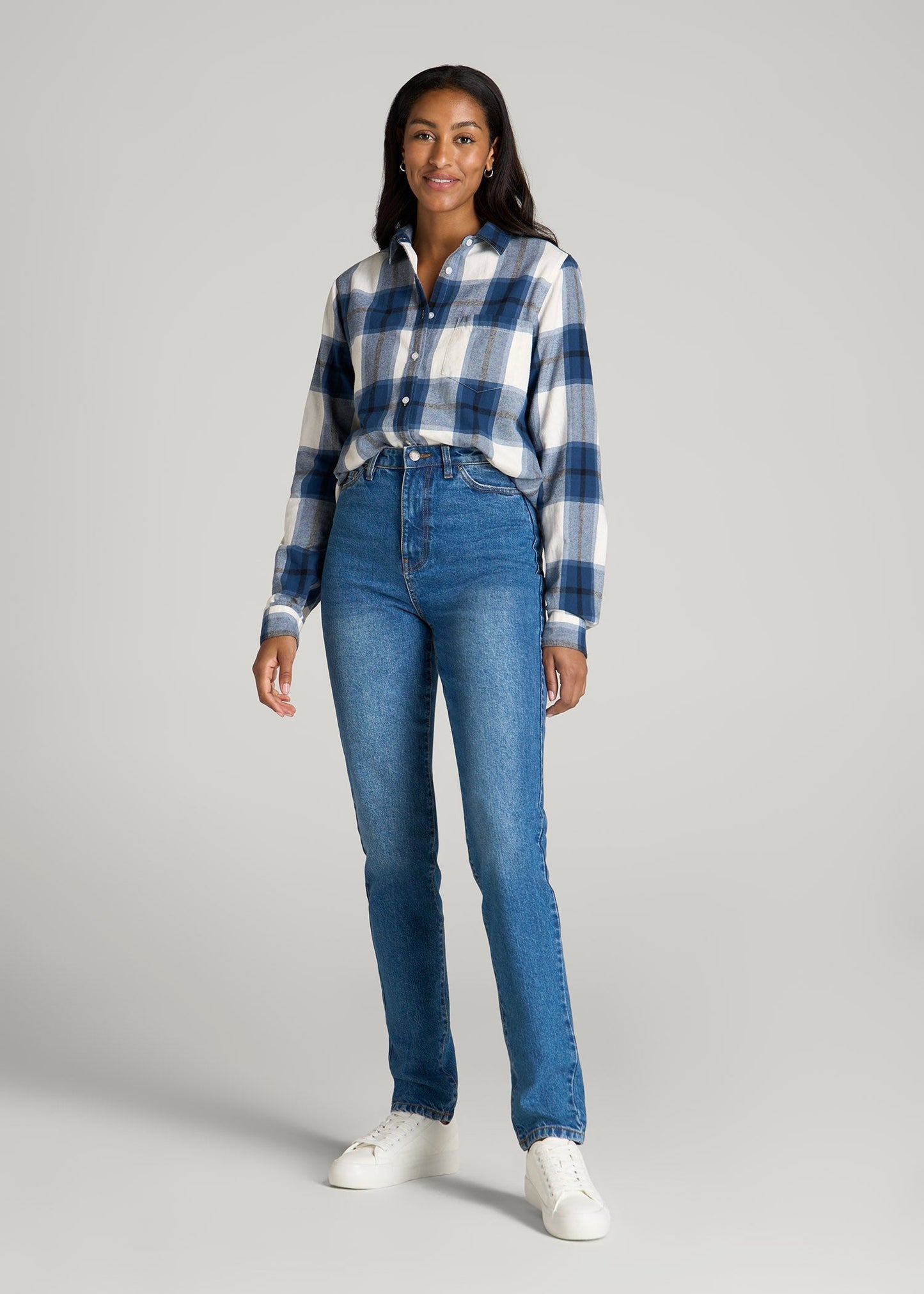 American Tall Women Flannel Button-Up Shirt for Tall Women in Ocean Blue and White